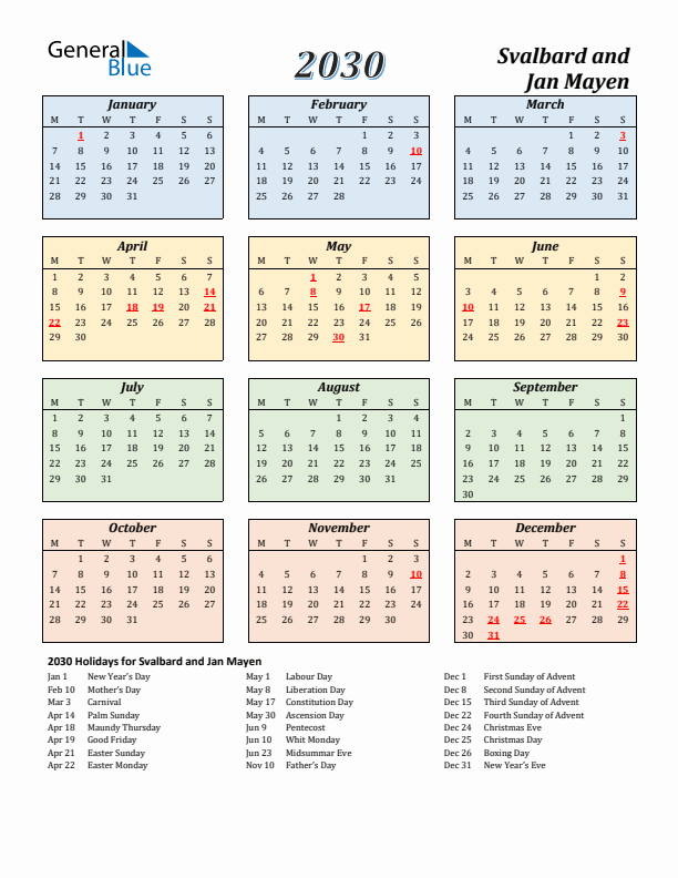 Svalbard and Jan Mayen Calendar 2030 with Monday Start