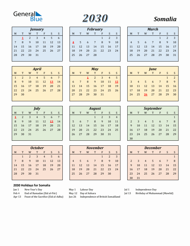Somalia Calendar 2030 with Monday Start