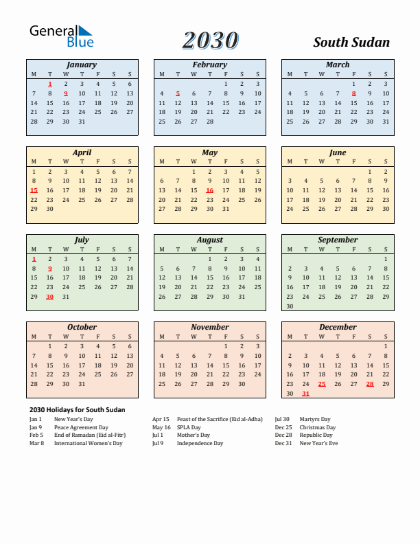 South Sudan Calendar 2030 with Monday Start