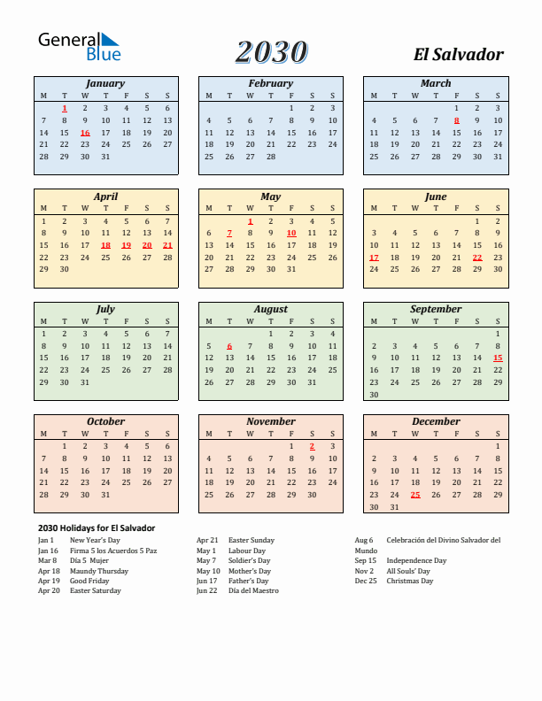 El Salvador Calendar 2030 with Monday Start
