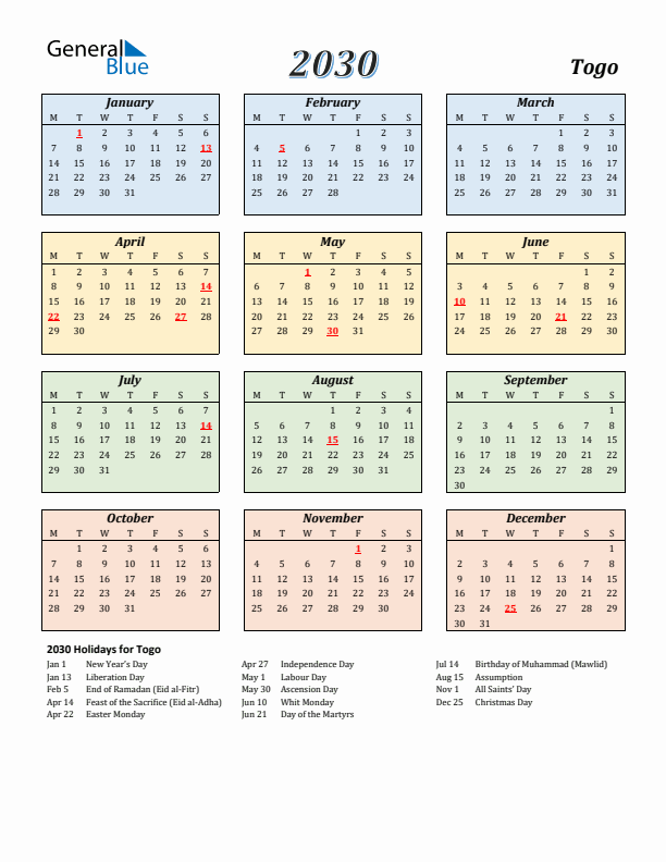 Togo Calendar 2030 with Monday Start