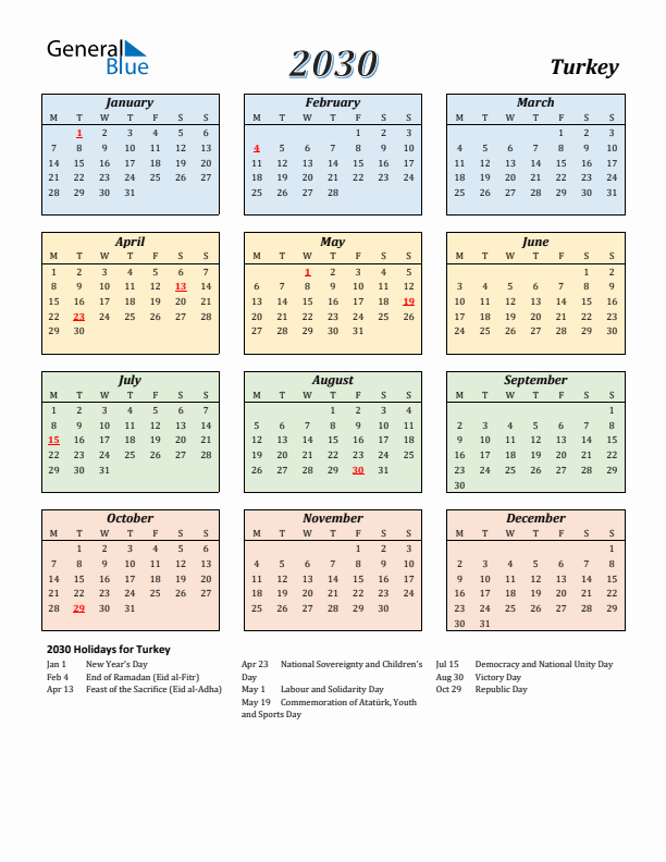 Turkey Calendar 2030 with Monday Start