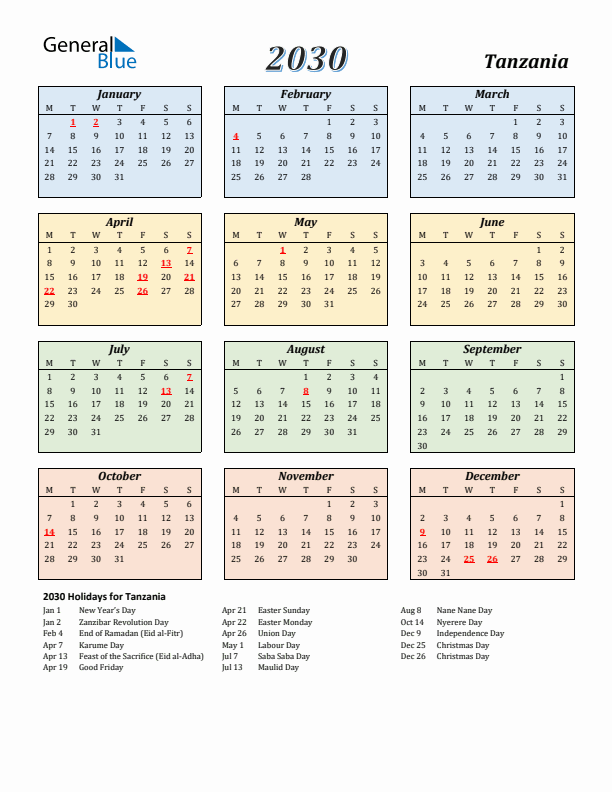 Tanzania Calendar 2030 with Monday Start