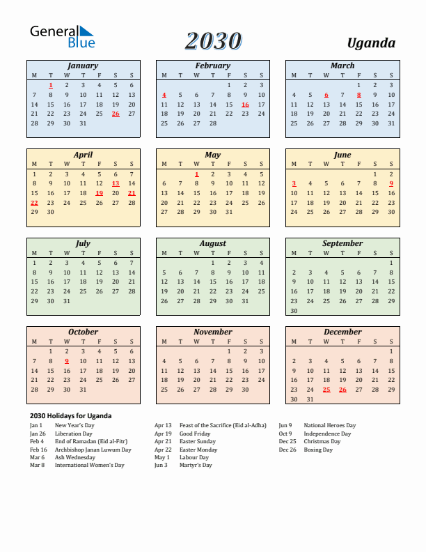 Uganda Calendar 2030 with Monday Start