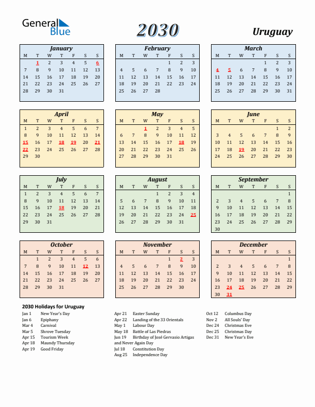 Uruguay Calendar 2030 with Monday Start