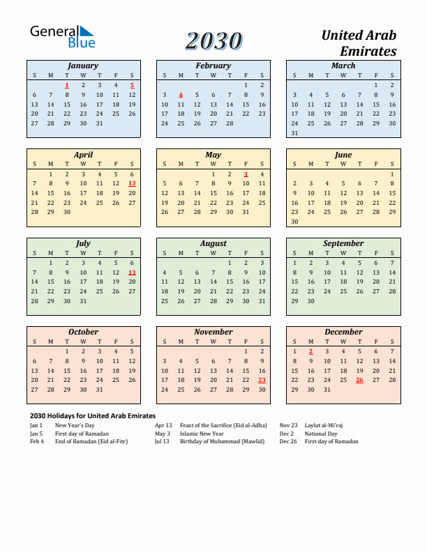 United Arab Emirates Calendar 2030 with Sunday Start