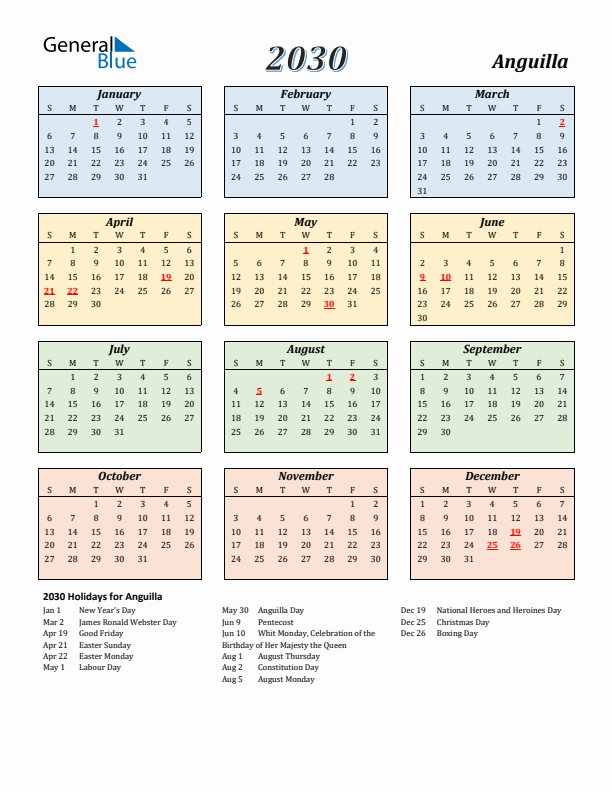 Anguilla Calendar 2030 with Sunday Start