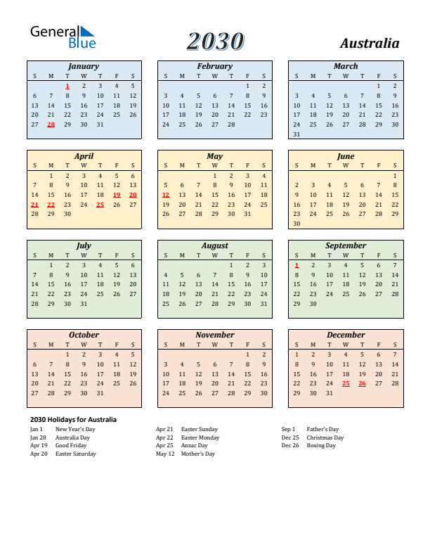 Australia Calendar 2030 with Sunday Start