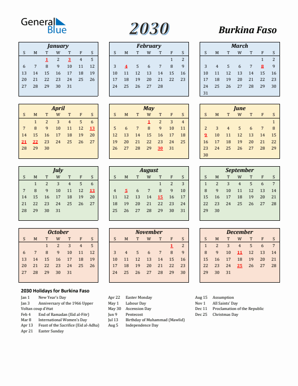 Burkina Faso Calendar 2030 with Sunday Start