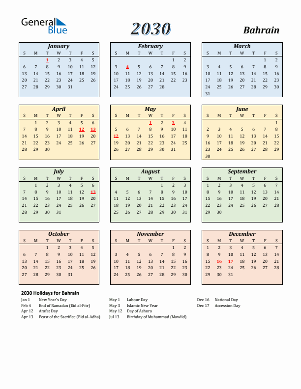 Bahrain Calendar 2030 with Sunday Start