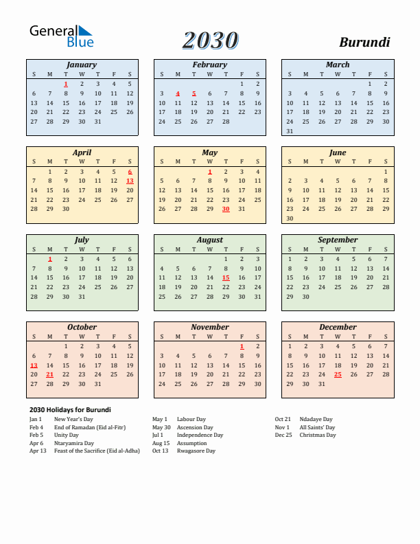 Burundi Calendar 2030 with Sunday Start