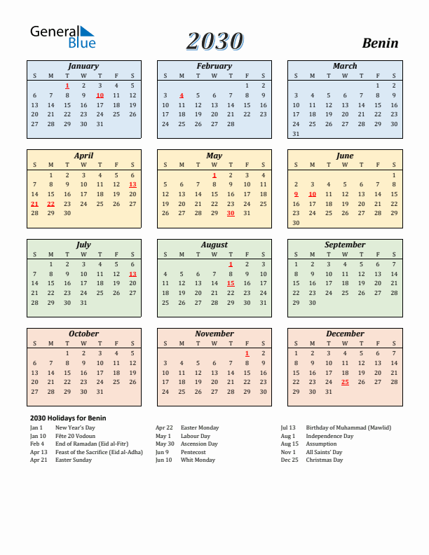 Benin Calendar 2030 with Sunday Start