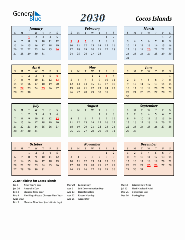 Cocos Islands Calendar 2030 with Sunday Start