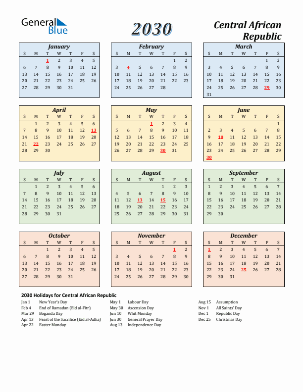 Central African Republic Calendar 2030 with Sunday Start