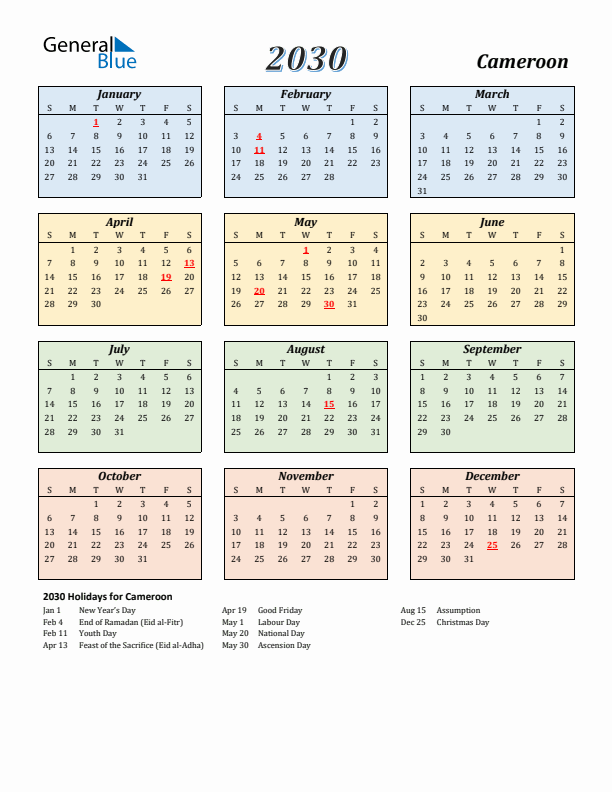 Cameroon Calendar 2030 with Sunday Start