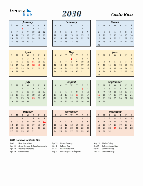 Costa Rica Calendar 2030 with Sunday Start
