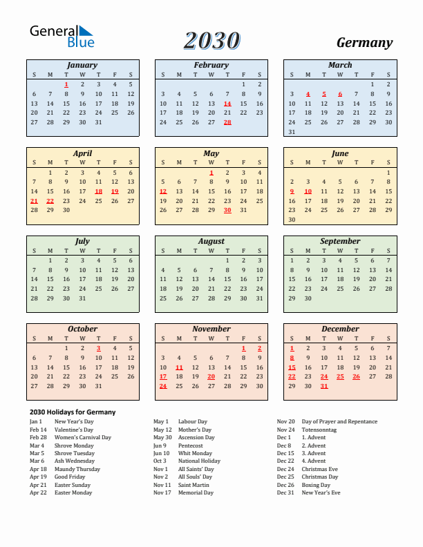 Germany Calendar 2030 with Sunday Start