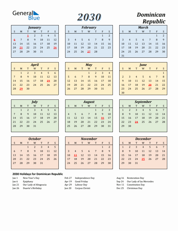 Dominican Republic Calendar 2030 with Sunday Start
