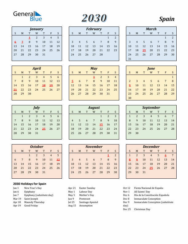 Spain Calendar 2030 with Sunday Start