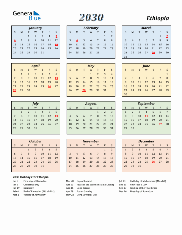Ethiopia Calendar 2030 with Sunday Start