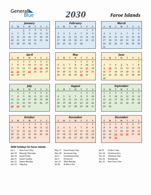Faroe Islands Calendar 2030 with Sunday Start