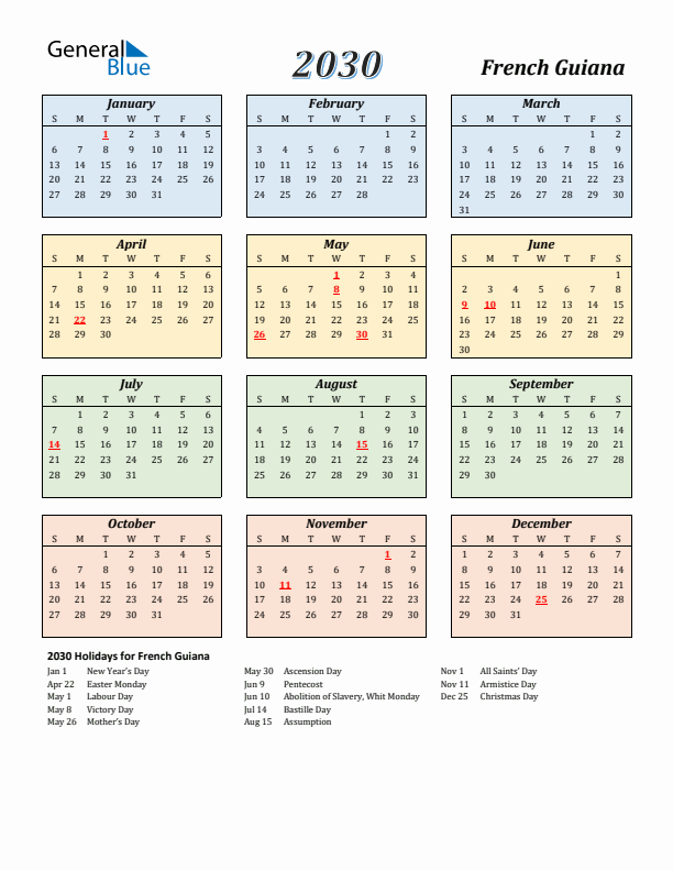 French Guiana Calendar 2030 with Sunday Start