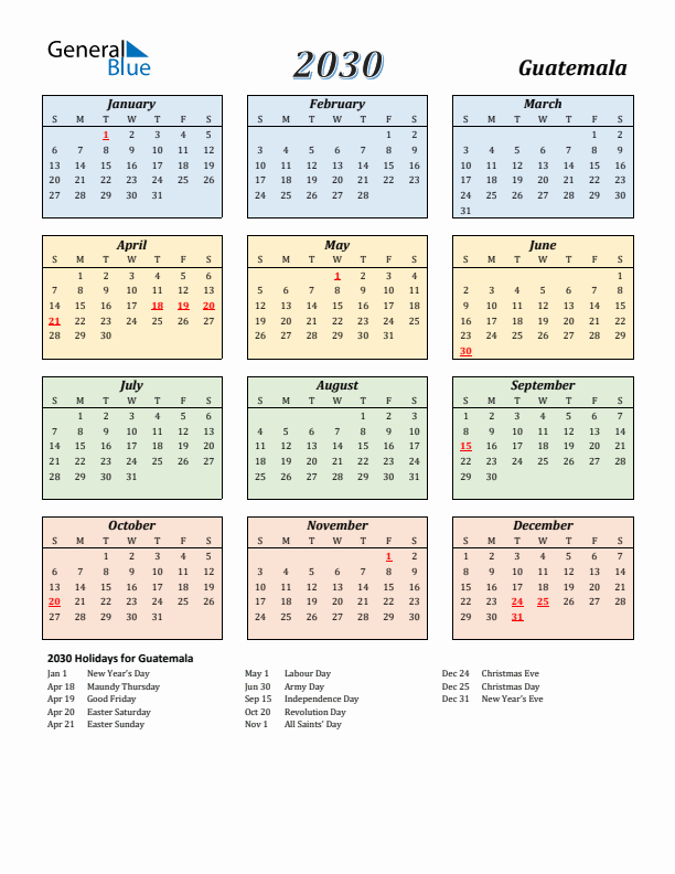 Guatemala Calendar 2030 with Sunday Start