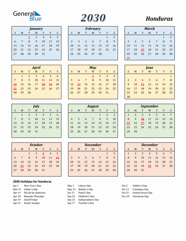 Honduras Calendar 2030 with Sunday Start