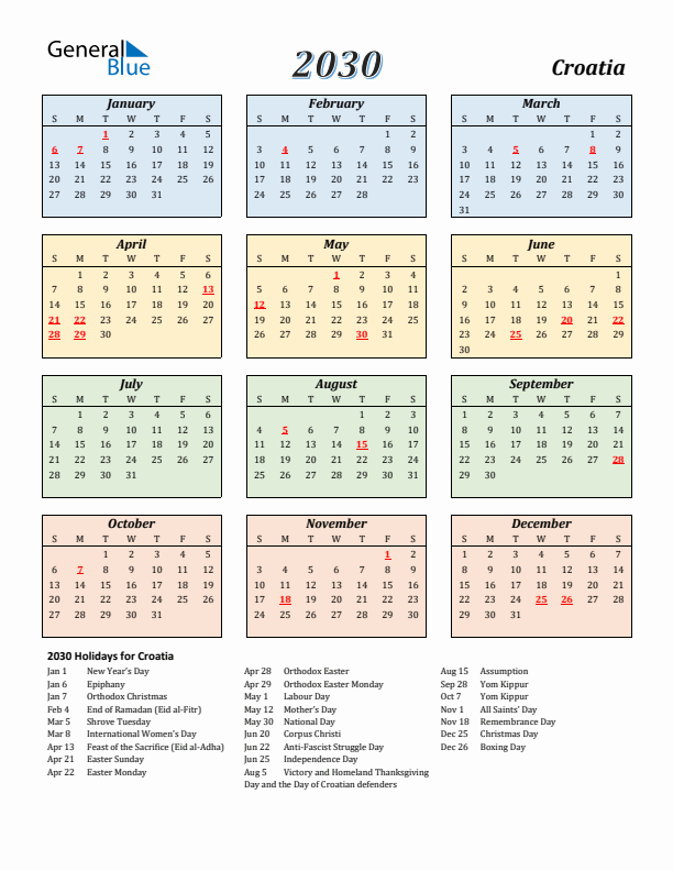 Croatia Calendar 2030 with Sunday Start