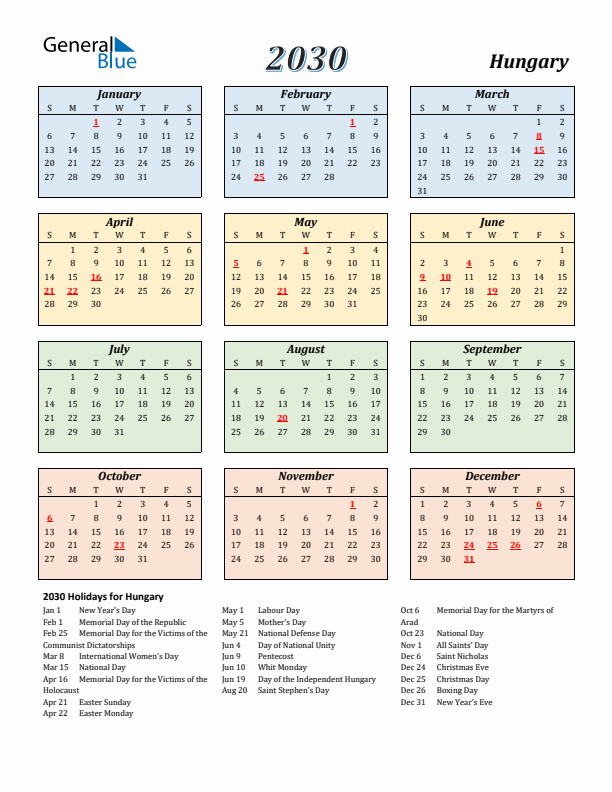 Hungary Calendar 2030 with Sunday Start