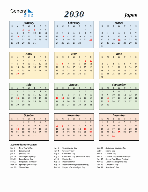 Japan Calendar 2030 with Sunday Start