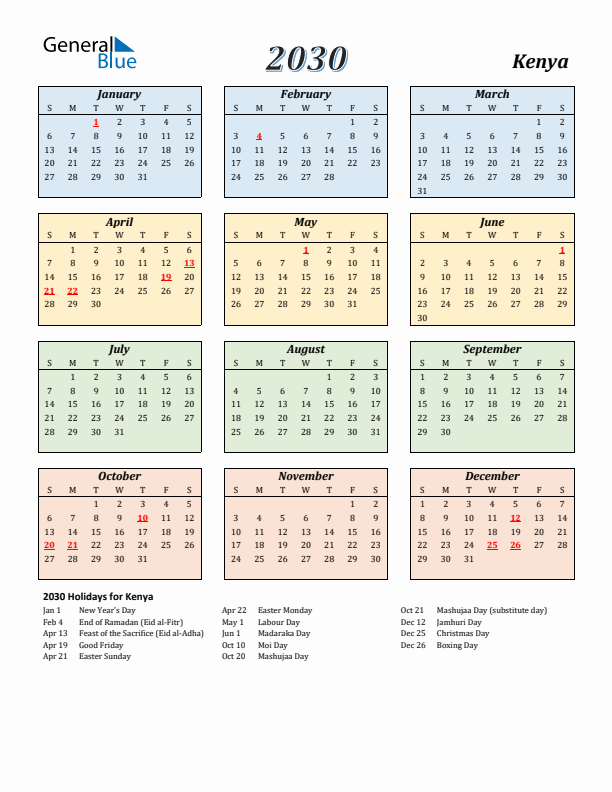 Kenya Calendar 2030 with Sunday Start