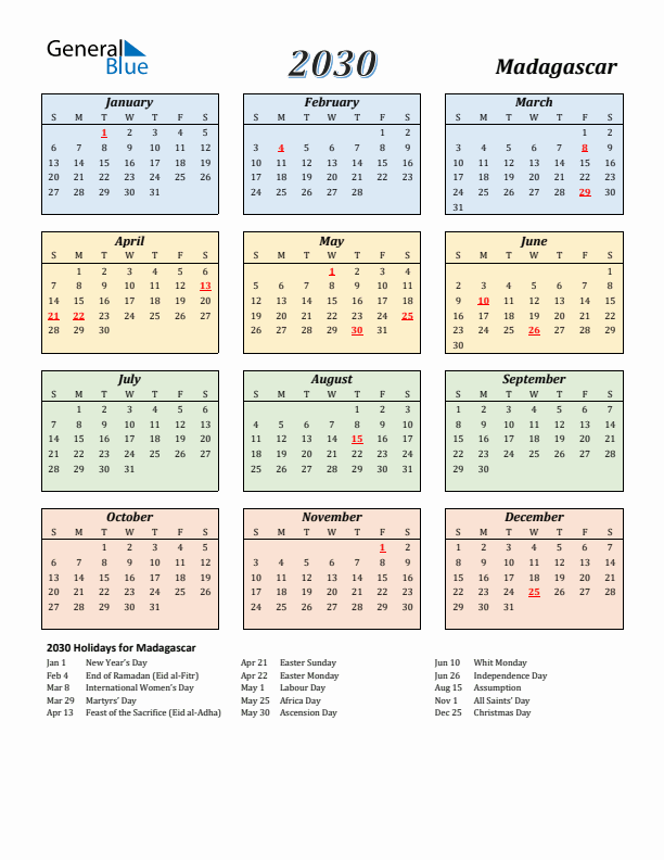 Madagascar Calendar 2030 with Sunday Start