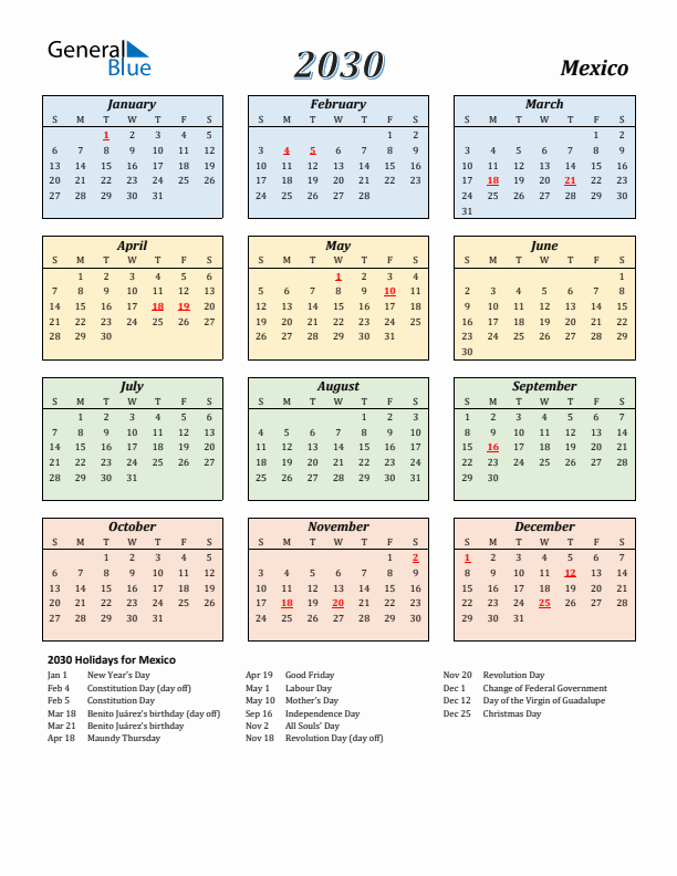 Mexico Calendar 2030 with Sunday Start