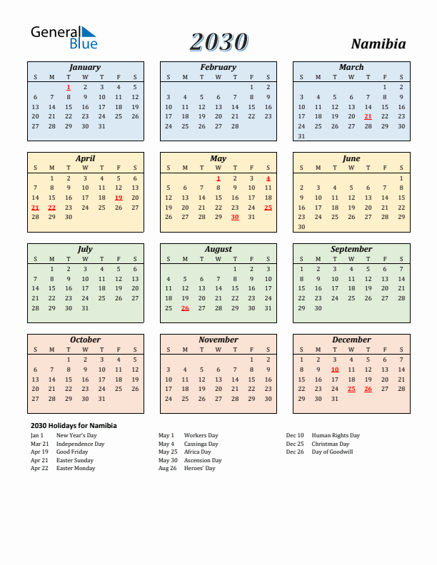 Namibia Calendar 2030 with Sunday Start