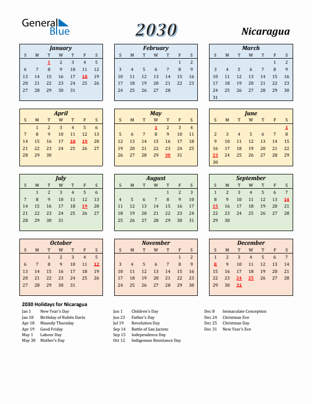 Nicaragua Calendar 2030 with Sunday Start