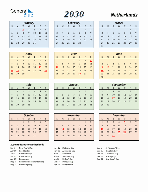 The Netherlands Calendar 2030 with Sunday Start