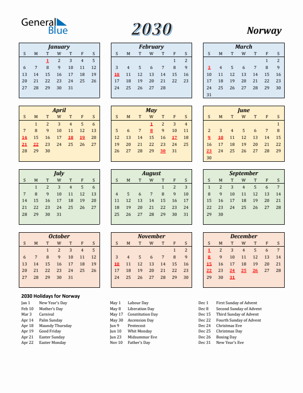 Norway Calendar 2030 with Sunday Start