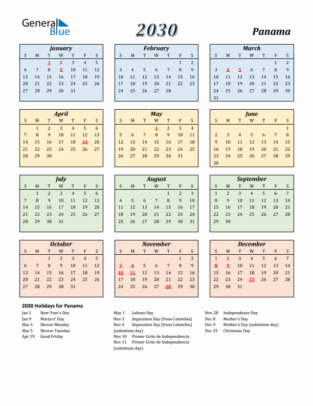Panama Calendar 2030 with Sunday Start