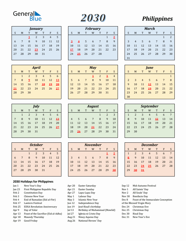 Philippines Calendar 2030 with Sunday Start