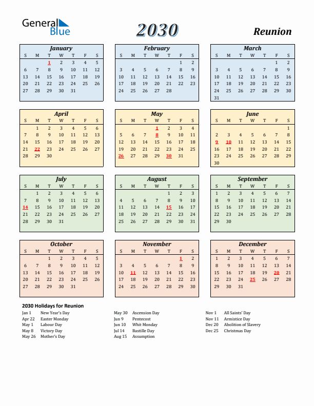 Reunion Calendar 2030 with Sunday Start