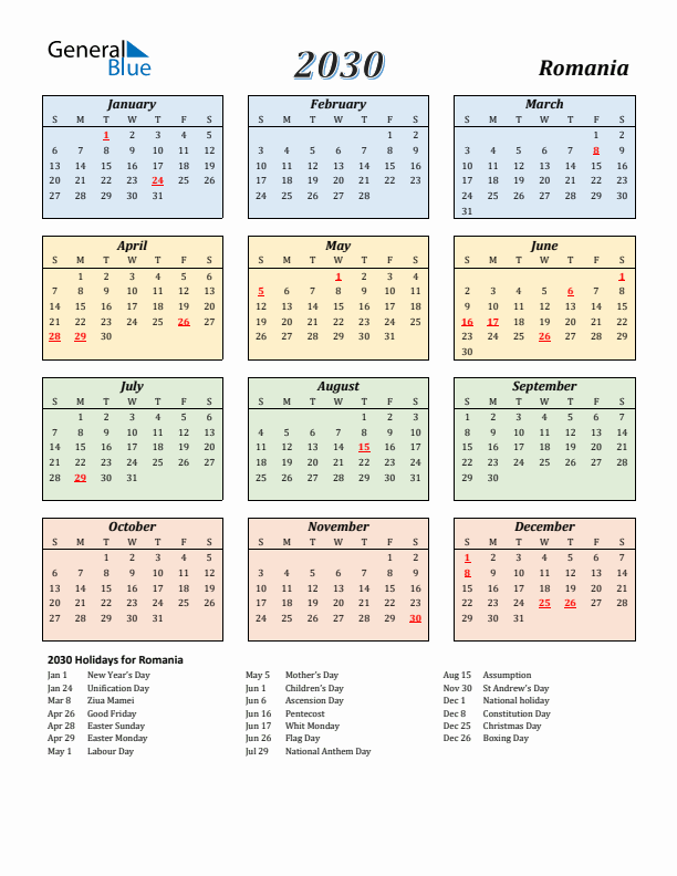 Romania Calendar 2030 with Sunday Start