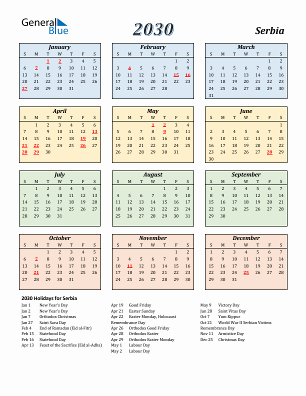 Serbia Calendar 2030 with Sunday Start