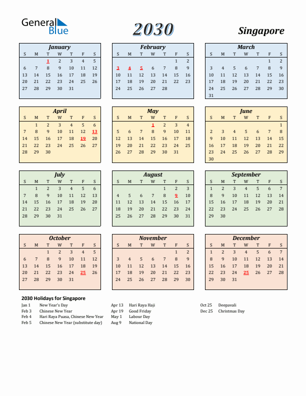 Singapore Calendar 2030 with Sunday Start
