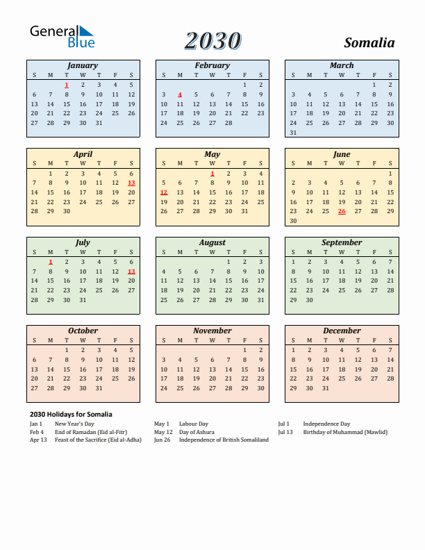 Somalia Calendar 2030 with Sunday Start