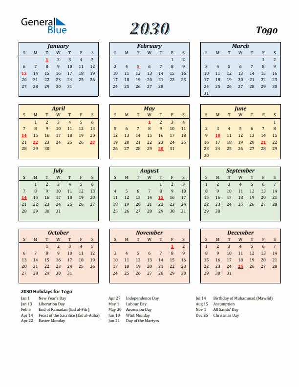Togo Calendar 2030 with Sunday Start