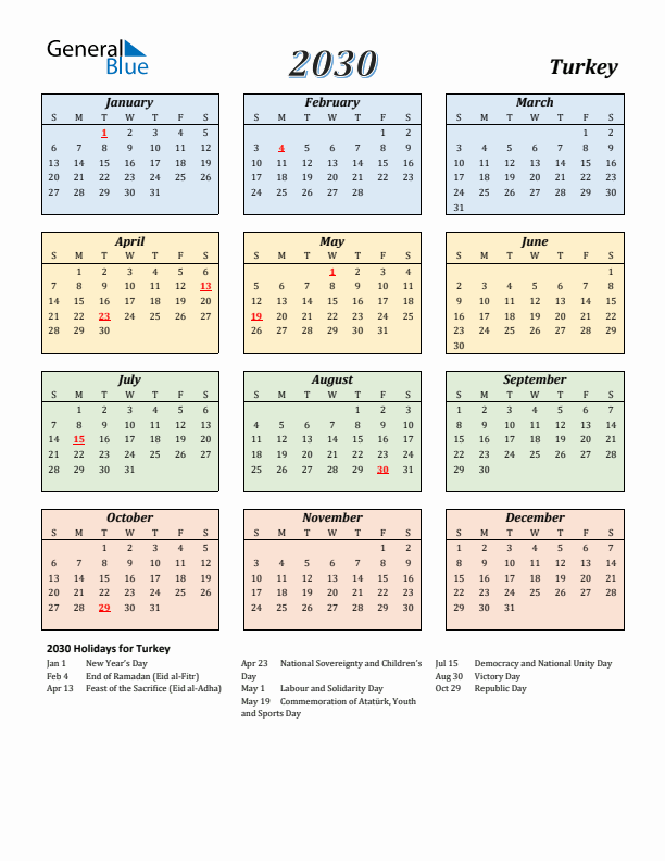 Turkey Calendar 2030 with Sunday Start
