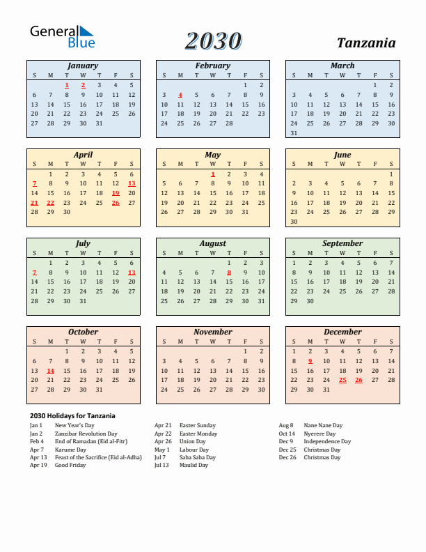 Tanzania Calendar 2030 with Sunday Start