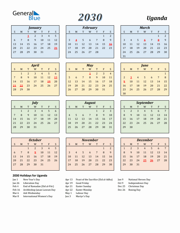 Uganda Calendar 2030 with Sunday Start