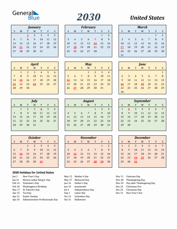 United States Calendar 2030 with Sunday Start